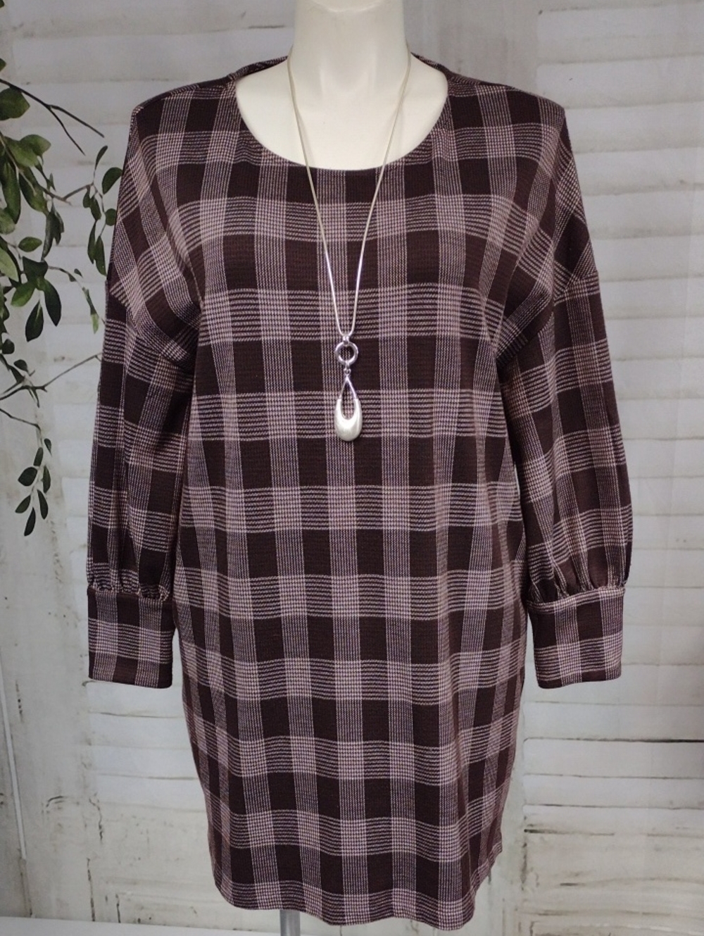 Plaid Long Sleeve Sweater Dress With Pockets Size L